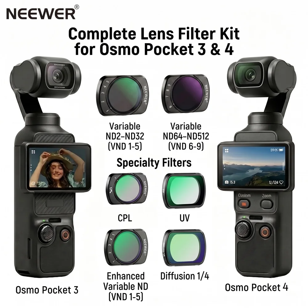 �y�Z�[�����zNEEWER DJI Osmo Pocket 3 / Pocket 4�p�t�B���^�[�L�b�g �f���A��VND 2in1 ND2-32 ND64-512 & CPL+ND2-32+1/4 �u���b�N�~�X�g UV �V�l�}�e�B�b�NVlog