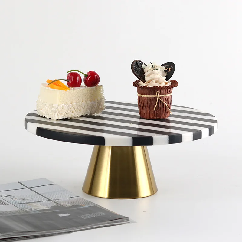 Marble Tray High Footboard Geometric Stripes Black Patchwork Circular Fruit Plate Desktop Storage Container Home Decoration