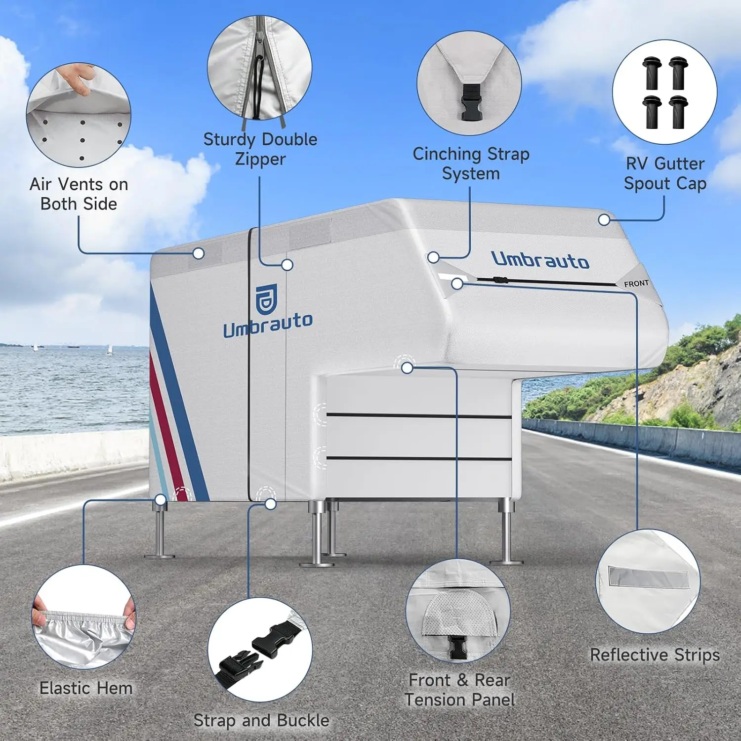 All-Weather Waterproof RV Truck Camper Cover for 10-12 ft Slide-In Campers, 300D Oxford, Silver-Coated, Includes Windproof Straps and Air Vents