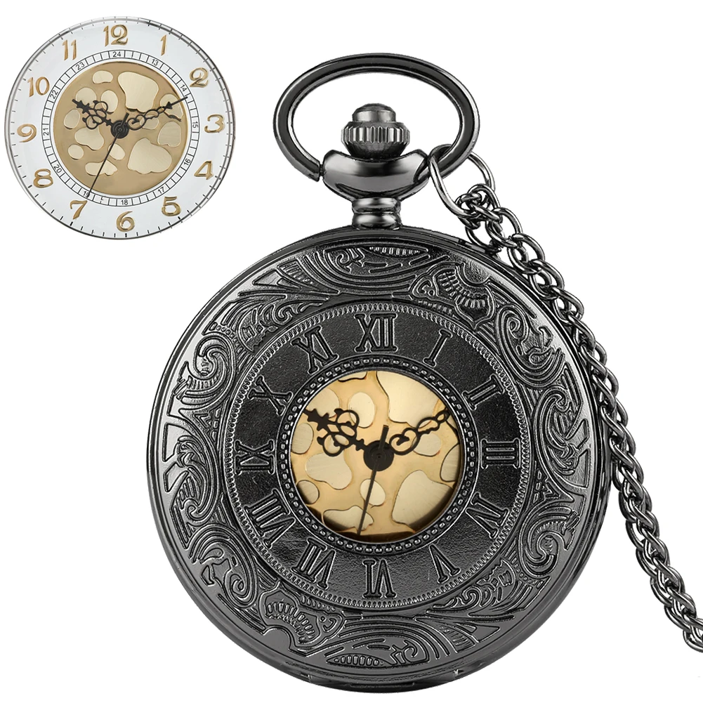 

Antique Black Roman Numerals Display Hollow Hunter Necklace Pocket Watch Quartz Antique Pendant Chain Clock Gifts for Men Women