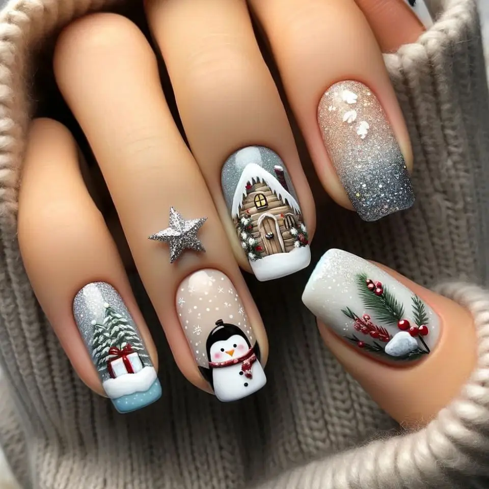 24 pièces cadeau de noël presse sur ongles hiver père noël pingouin motif faux ongles portable européen Long cercueil faux ongles conseils
