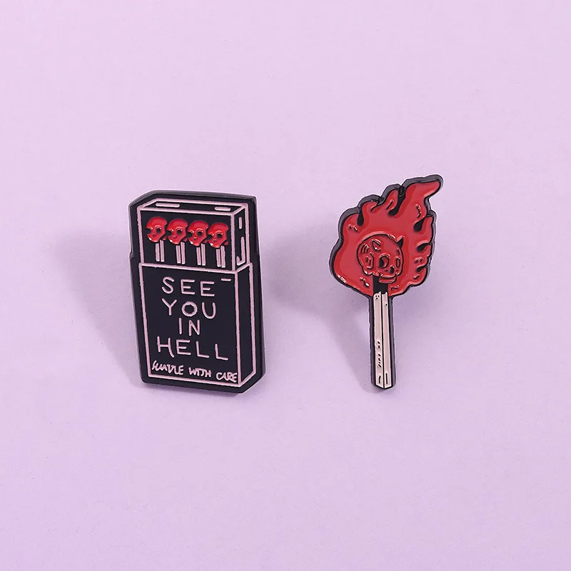 See You In Hell Matchbox Skull Enamel Pins Set 2Pcs Gothic Flame Match Brooches Edgy Dark Aesthetic Lapel Badge Gift