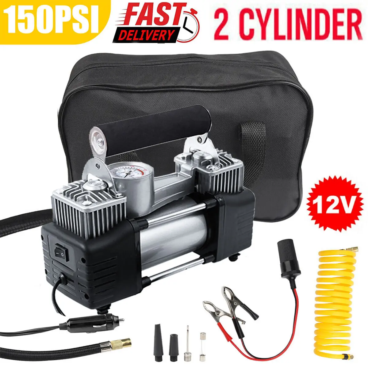 Heavy Duty 12V Electric Car Tire Inflator 150PSI Air Compressor Pump + 3 Nozzles For Motorcycles, Bicycles, Cars