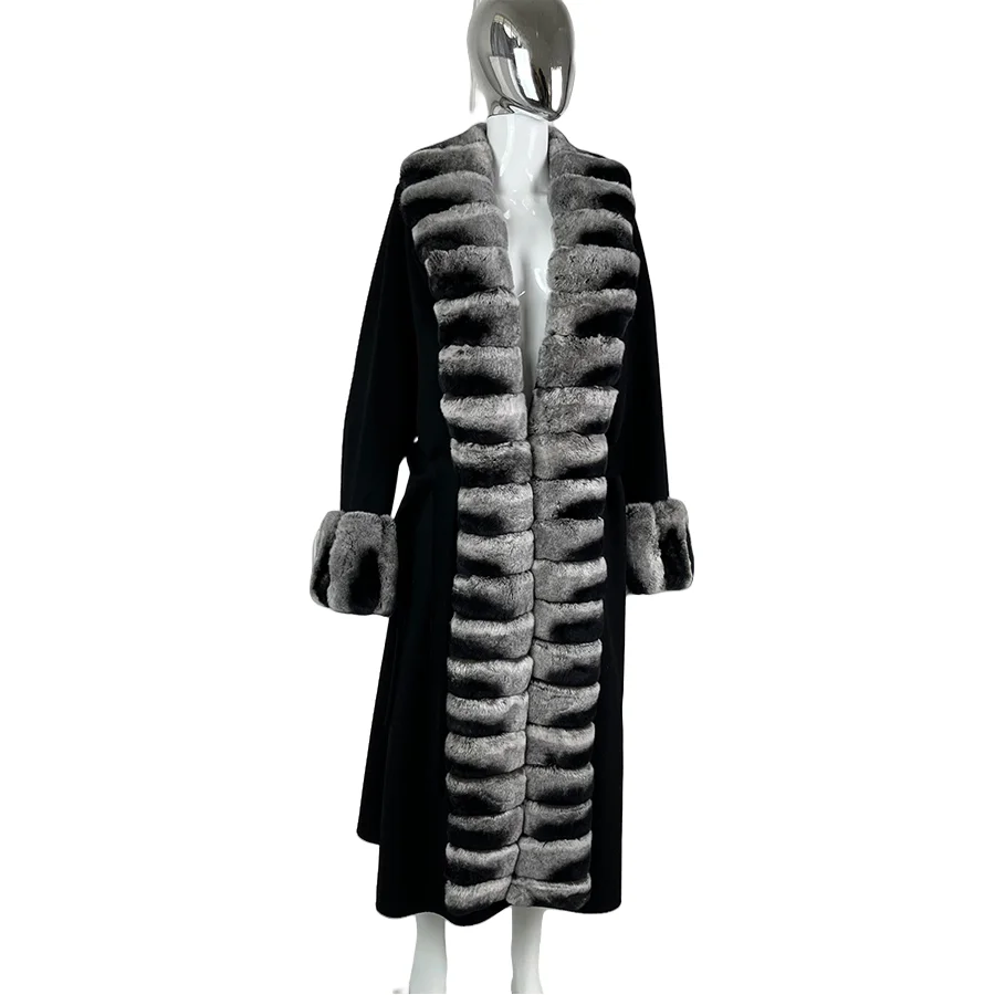 

Real Fur Coat Women Wool Coats With Fur Trim Ladies Natural Rex Rabbit Fur Jacket Winter High Quality Wool Jackets