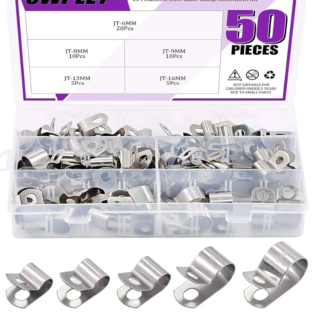 

Набор из 50 шт. зажимов для кабеля из нержавеющей стали 304, 6-16 мм, без резиновых прокладок, металлические зажимы, держатели для труб