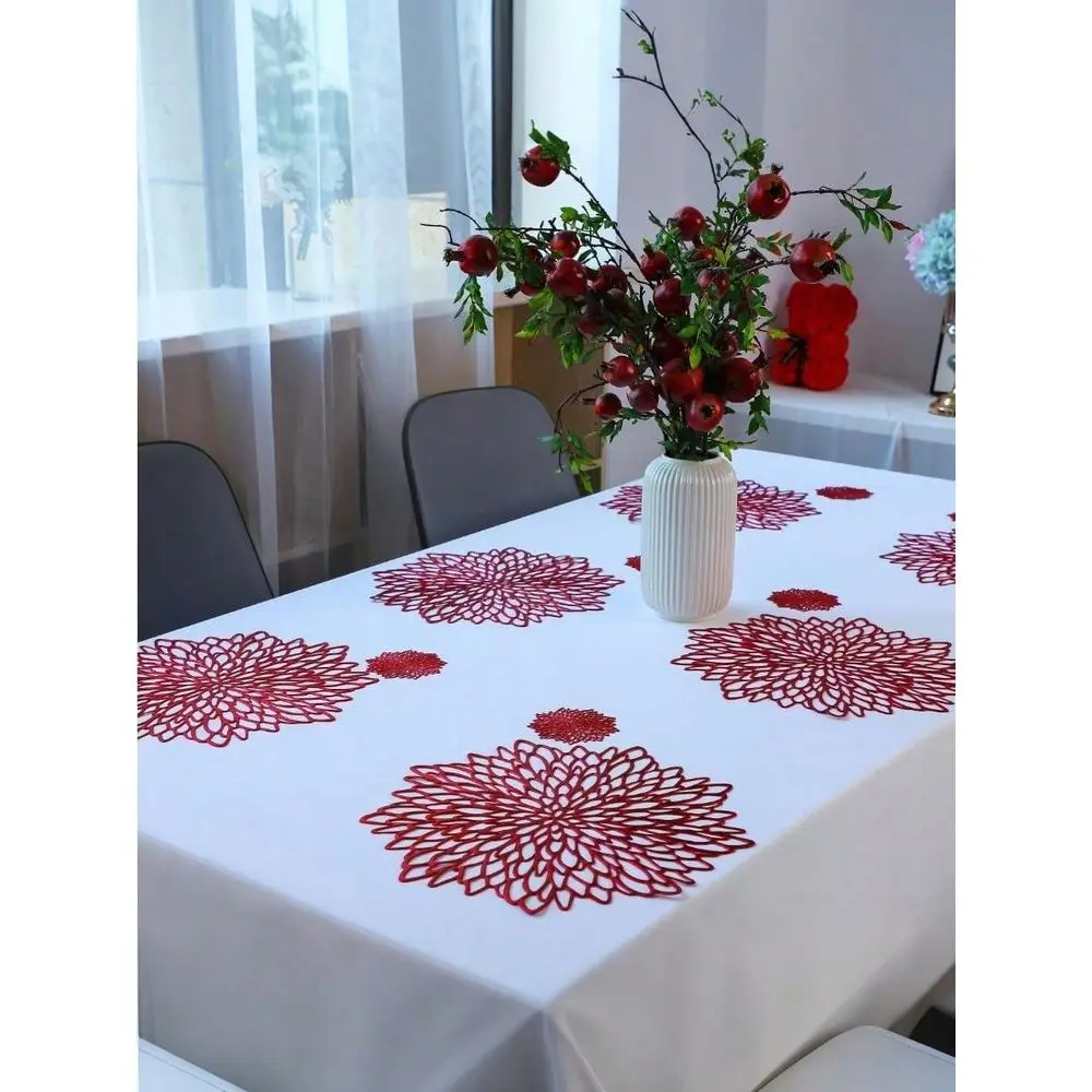 4 6 12pcs Red Floral 15Inch Round Placemats, PVC Material, 3.94Inch Round Hollow Floral Coasters, Washable, Easy To Clean, NonS