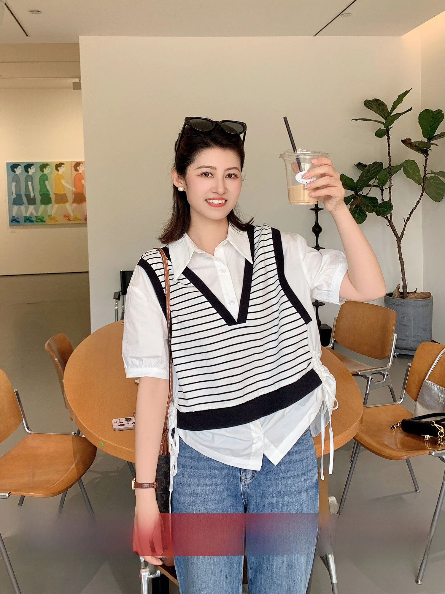 

Commute Ele Plaid Design Dstring ort Sve irt Fake Two-Piece Cotton Bubble Sve Women's Regular Length irt