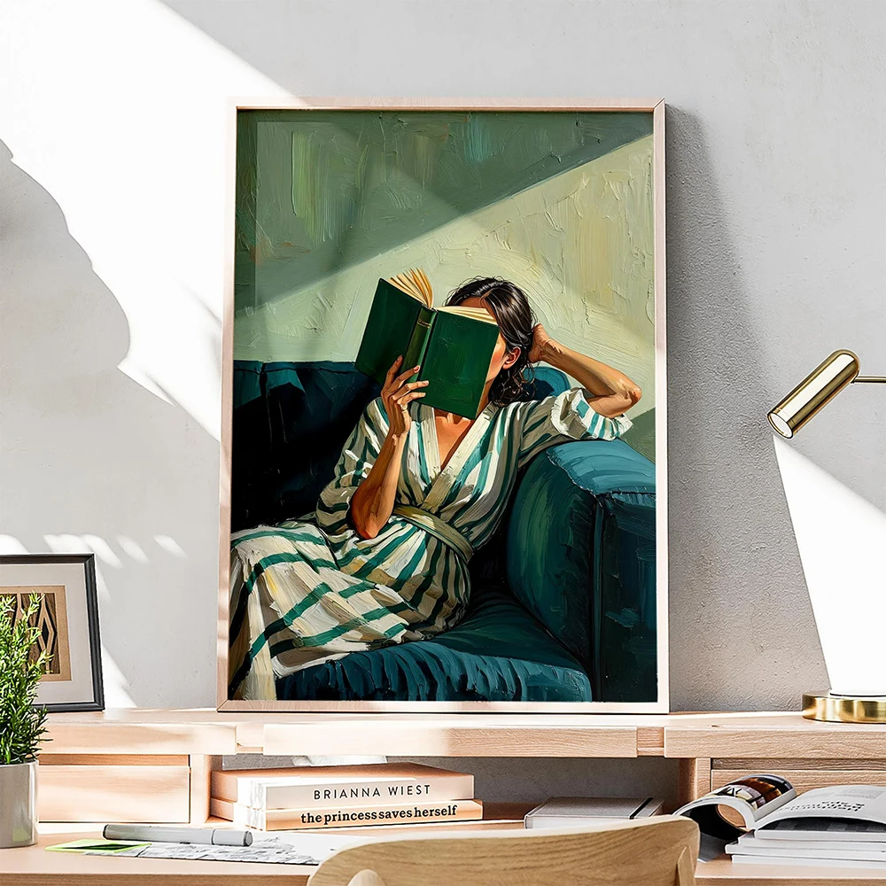 Emerald Green Reading Woman Wall Art Minimalist Abstract Portrait Cozy Contemporary Print For Modern Living Room Decor For Book