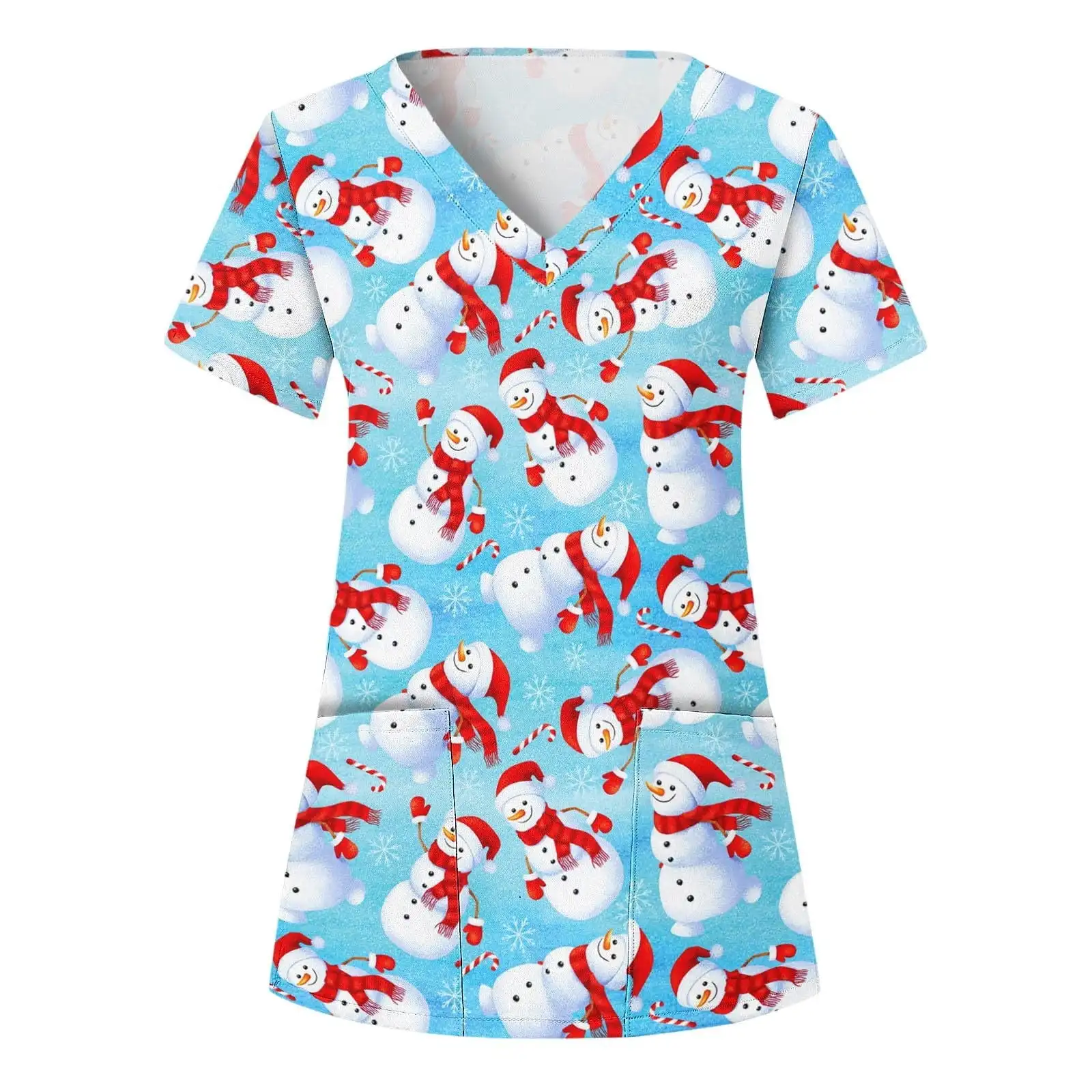 Surgical Uniforms Women Christmas Print Breathable Santa Claus Snowman Pattern V-Neck Short Sleeves Tops Nurse Uniform Women