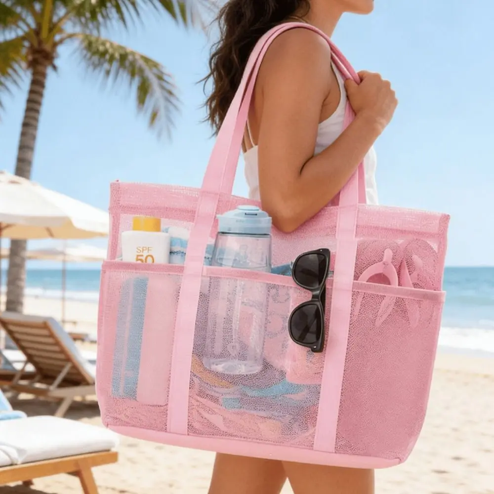 Fashion Quick Dry Mesh Beach Tote Bag Transparent Reusable Swim Pool Bag Multiple Pockets Sandproof Shoulder Bag Pool