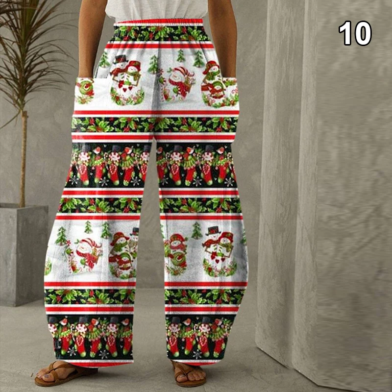 Unisex Christmas Digital Printing Pants Cartoon Fashion Loose Casual Big Pockets Wide Leg Pants Christmas Lantern Trousers