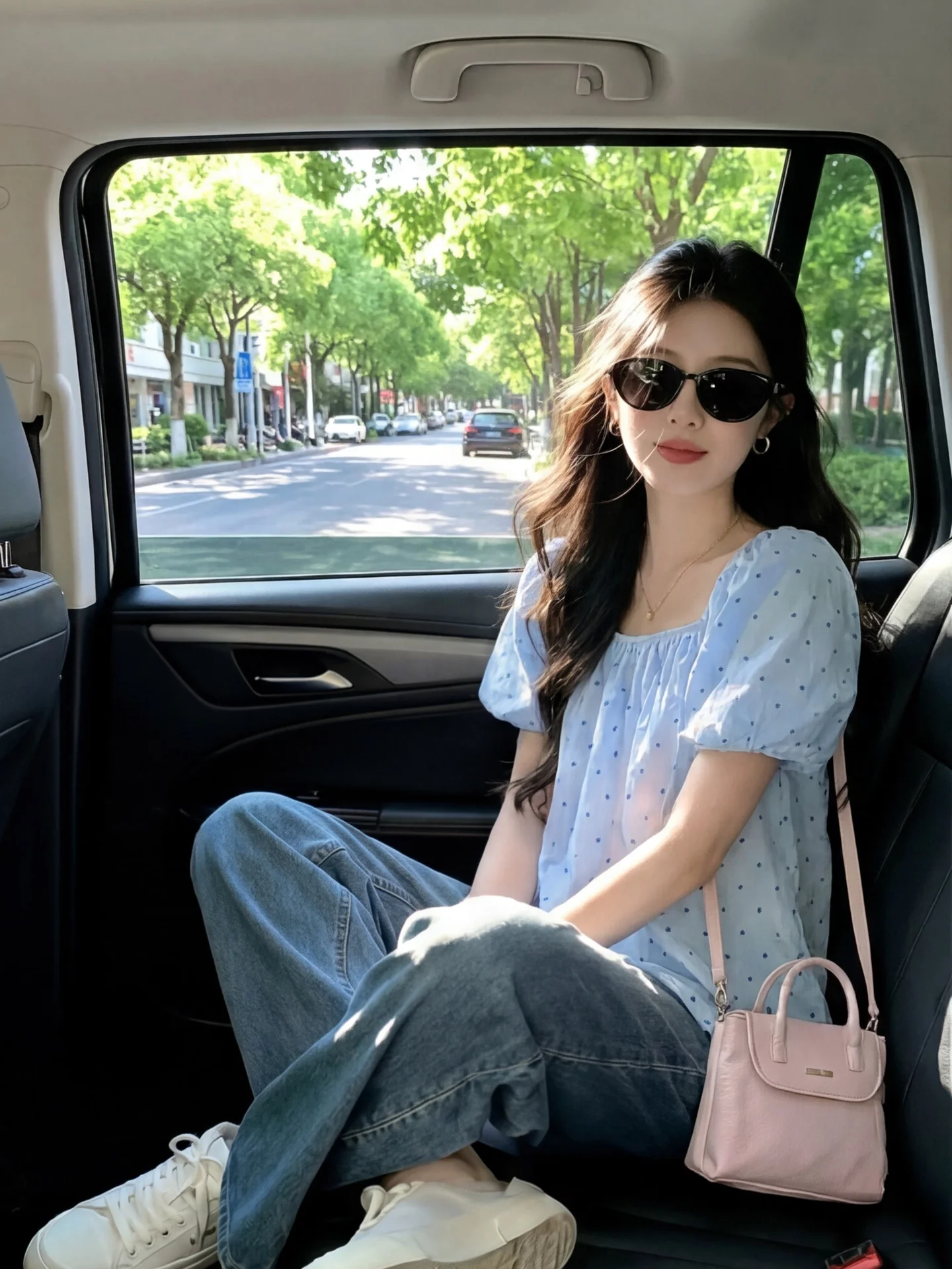 

Blue Polka Dot Doll Shirt Women's Spring Summer Young Looking Stylish Beautiful Bubble Short Sleeve Square Collar Blouse Top