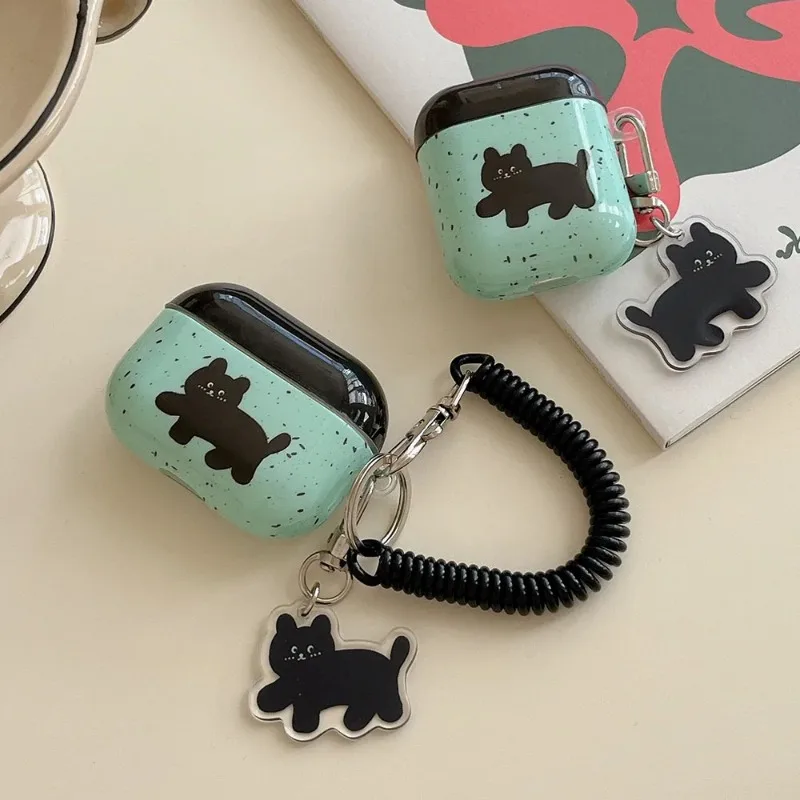 Korea Splashing Ink Black Cat With Pendant For AirPods 1 2 3 Earphone Accessories Soft Cases For AirPods Pro 2 Protection Cover