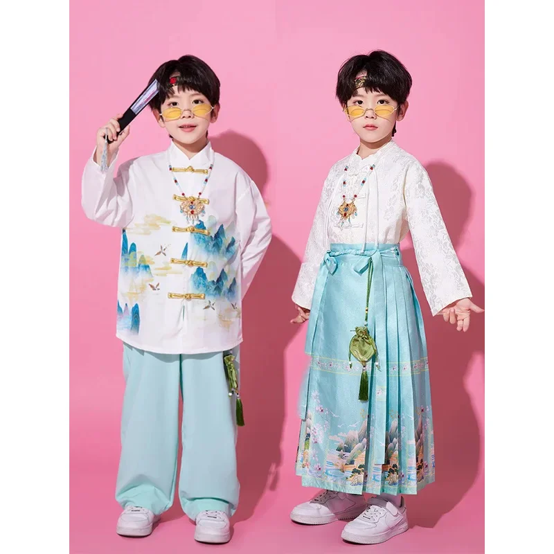 

COSda@Girls Hanfu Costume Landscape Print Print Tops Horse-face Skirt for Kids Boys Chinese Traditional ClothingCOSda@