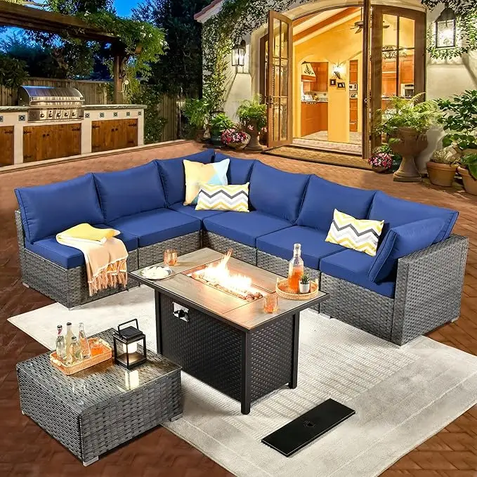 

Outdoor 10 Piece Patio Furniture Set with Fire Pit Table with Swivel Chairs,Modern Outside Sofa for Balcony Backyard