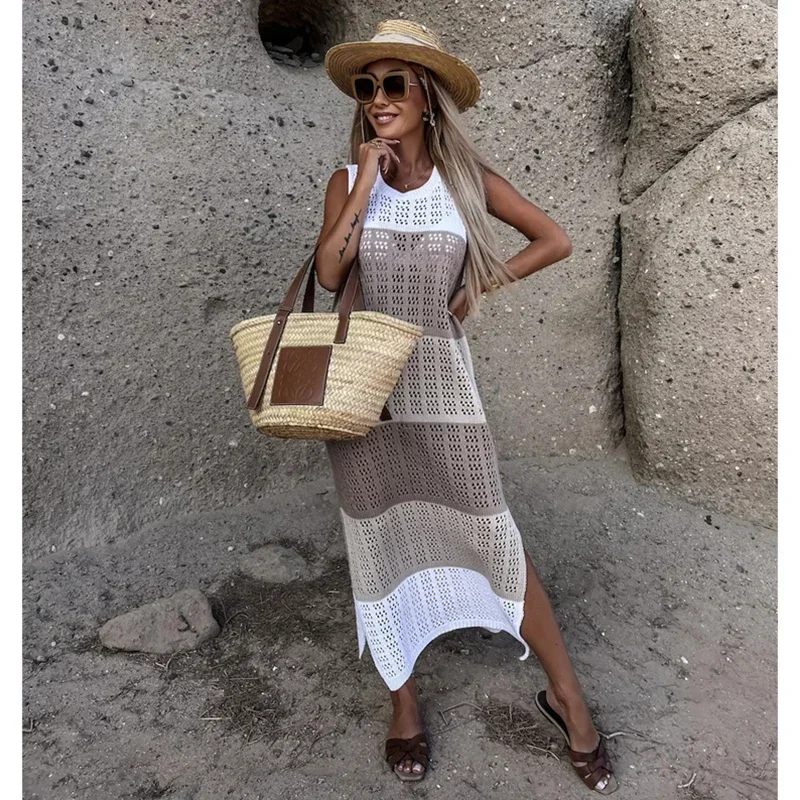 2024 الكروشيه التستر الشاطئ محبوك مثير الجوف خارج فستان صيفي المرأة فستان الشمس انظر من خلال تونك البيكينيات التستر بحر