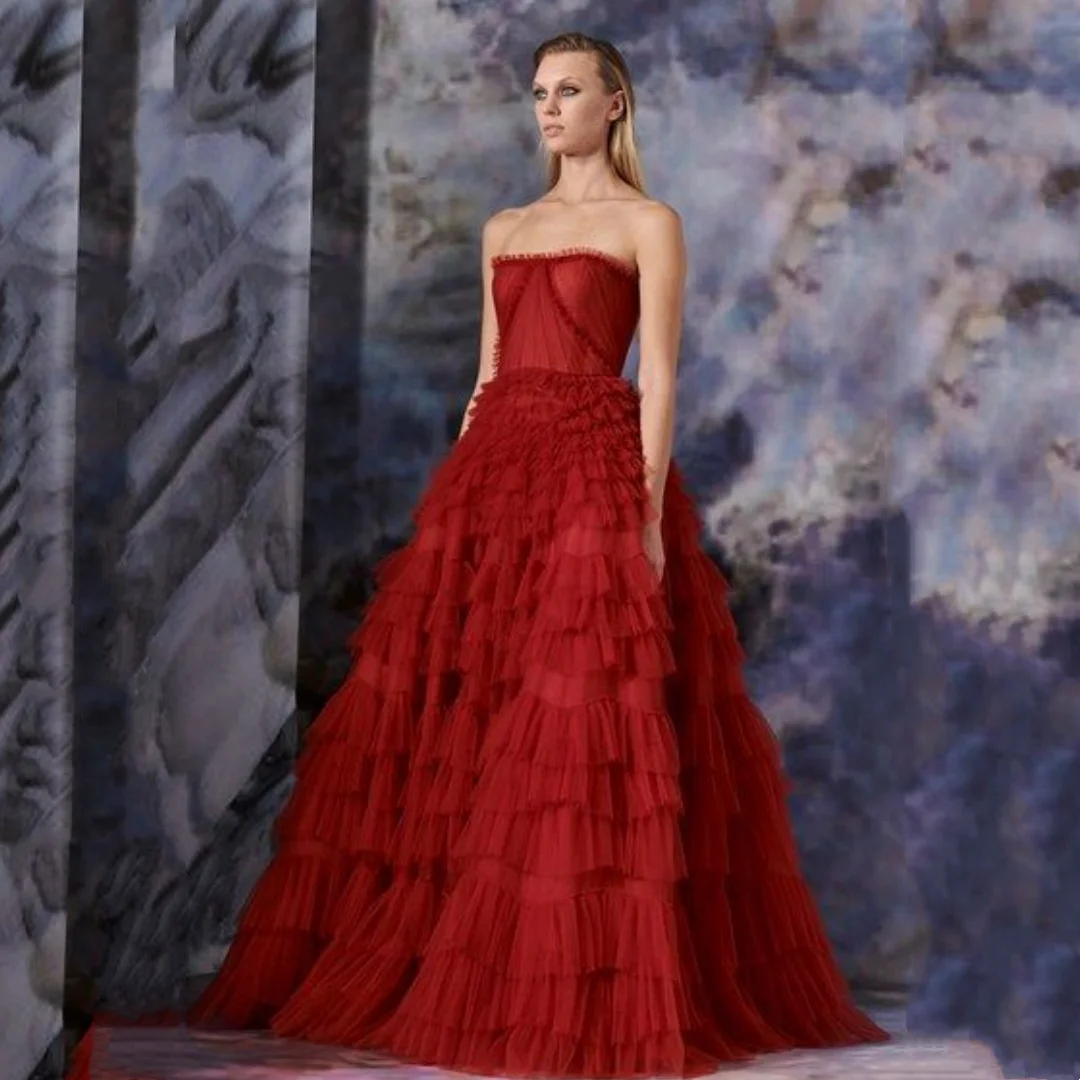 Annie Handmade Tulle Multi-layer Prom Dresses Sexy Strapless Evening Dress فساتين السهرة Red Wedding Party Dress