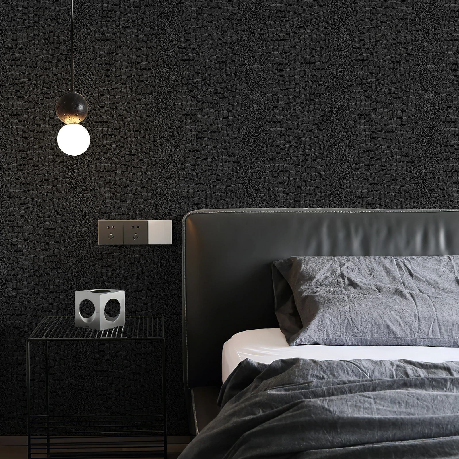 クラシックレトロブラッククロコダイルスキンテクスチャ壁紙非粘着キャビネット壁紙寝室研究壁装材