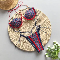 Blue Vintage Print String Thong Micro Bikini Push Up 2026 Sexy Swimsuit Women Back Knotted Swimwear Bathing Suit Bikinis Sets
