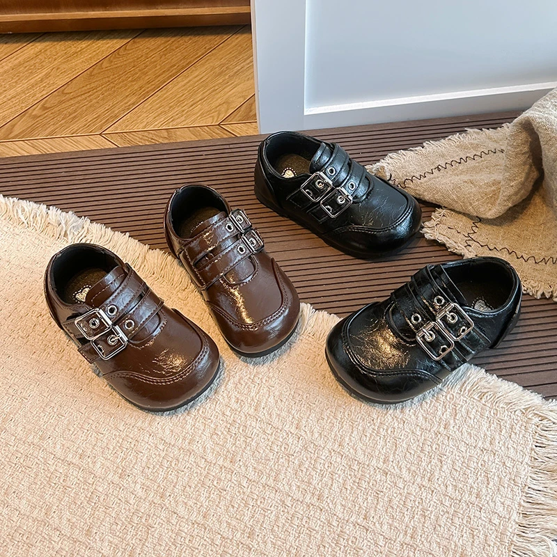 Toddler Boys Girls Retro Dress Shoes, Double Metal Buckle Strap, Non Slip Soft Sole, Glossy Upper for Daily Party Wear