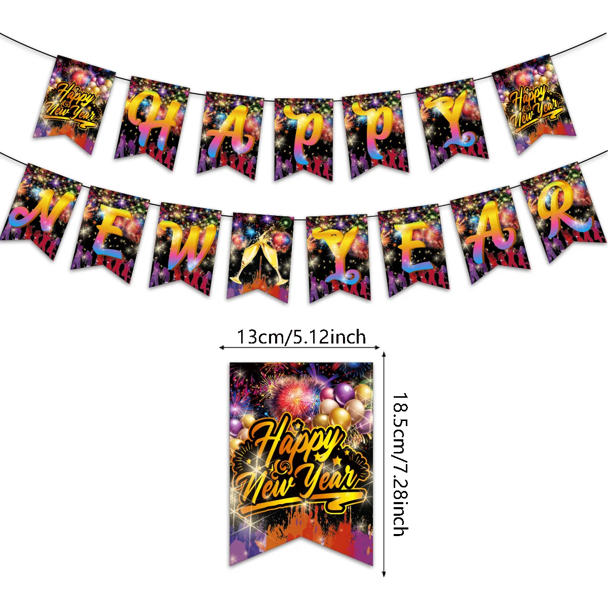 Happy New Year 2025 Banner, Black and Gold Happy New Year Cupcake Toppers Party Supplies, Hanging Bunting Party New Years