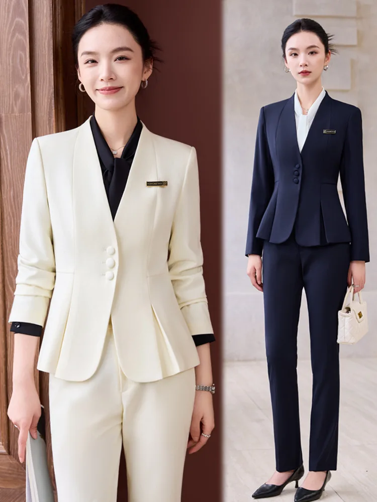 Chinese-style professional women's suit set, high-end formal attire for beauty salons, jewelry stores, hotels, and reception des