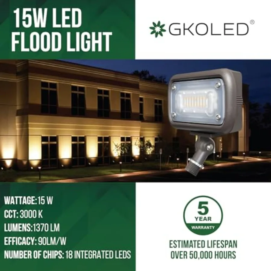 Outdoor Security Floodlight, 15W Super Bright LED, 50W PSMH Equivalent, 1370 Lumens, 3000K Warm White, IP65 Waterproof, 120-277