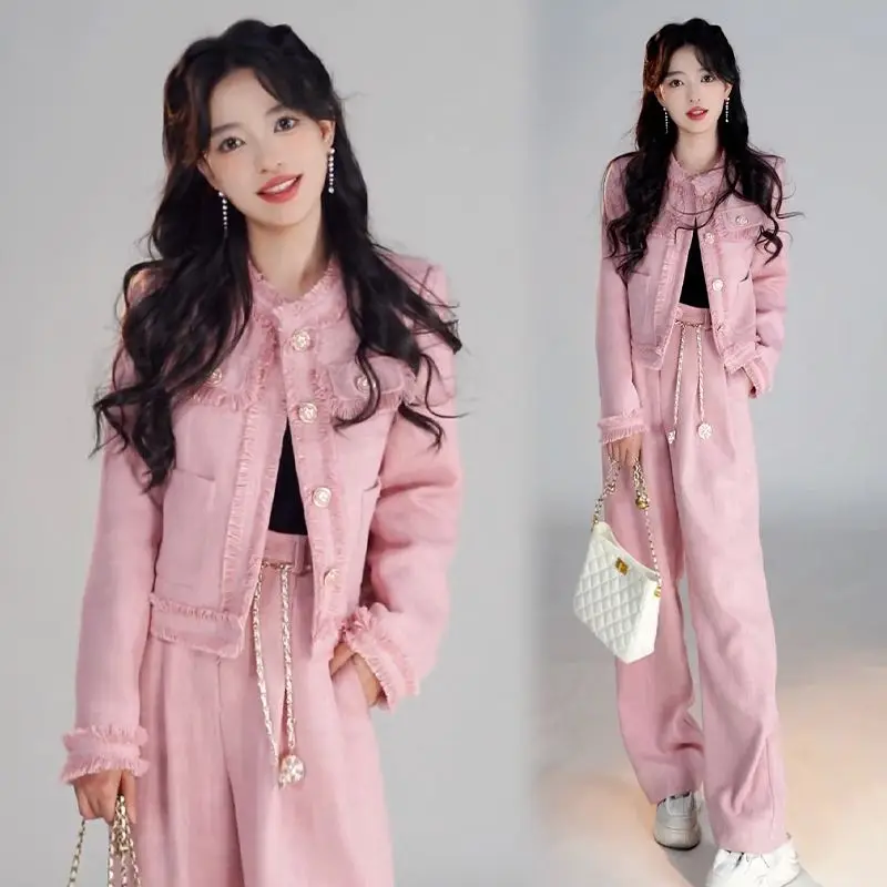 

Leisure Sports Suit for Women 2024 Spring and Autumn New Western Style Youthful-Looking Suit Wide Leg Pants Two-Piece Suit