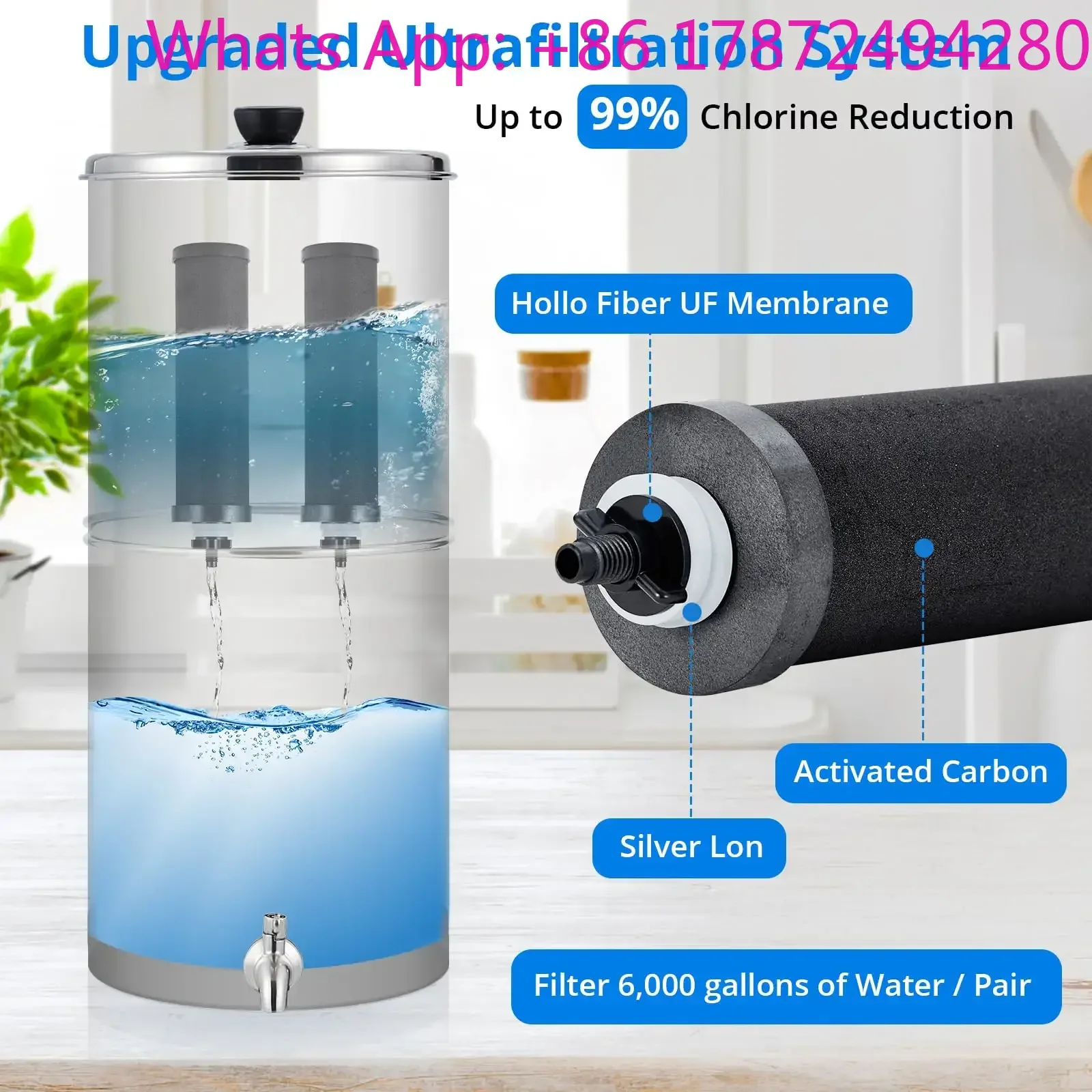 Water Filter System 304 Stainless Steel with 2 Black Carbon Filters and Anti-Slip Stand, Chlorine and Lead Reduction