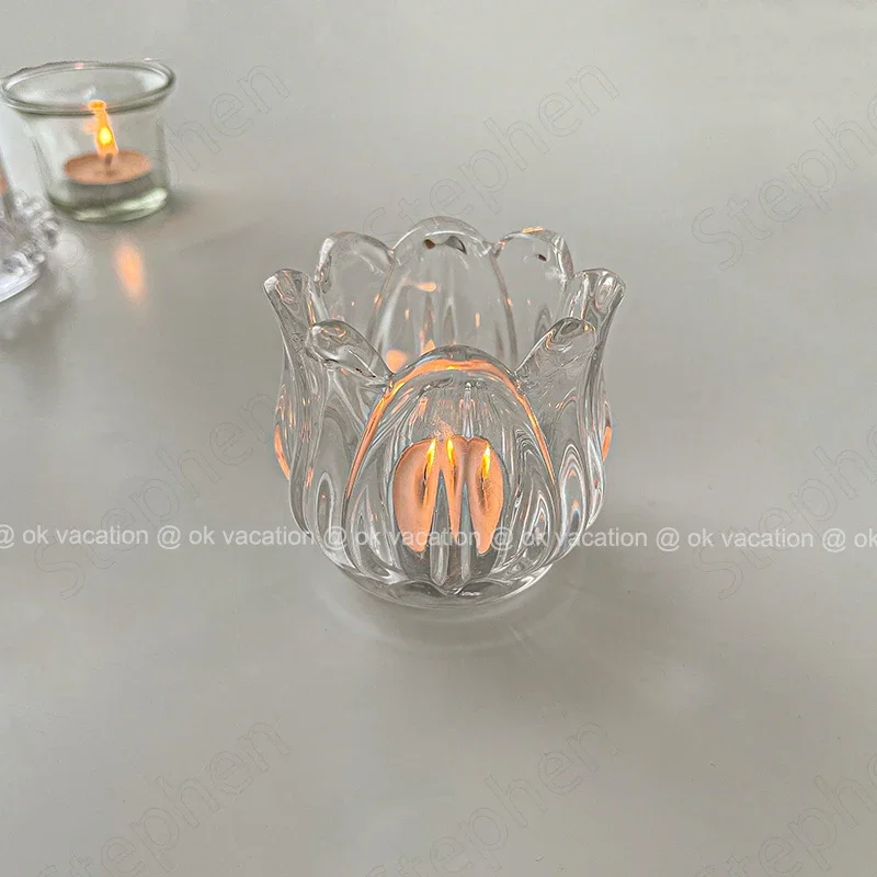 Korean Ins Retro Tulip Small Glass Candle Holder Home Candelabro Cristal European Dining Table Decoration Transparent Candelabra