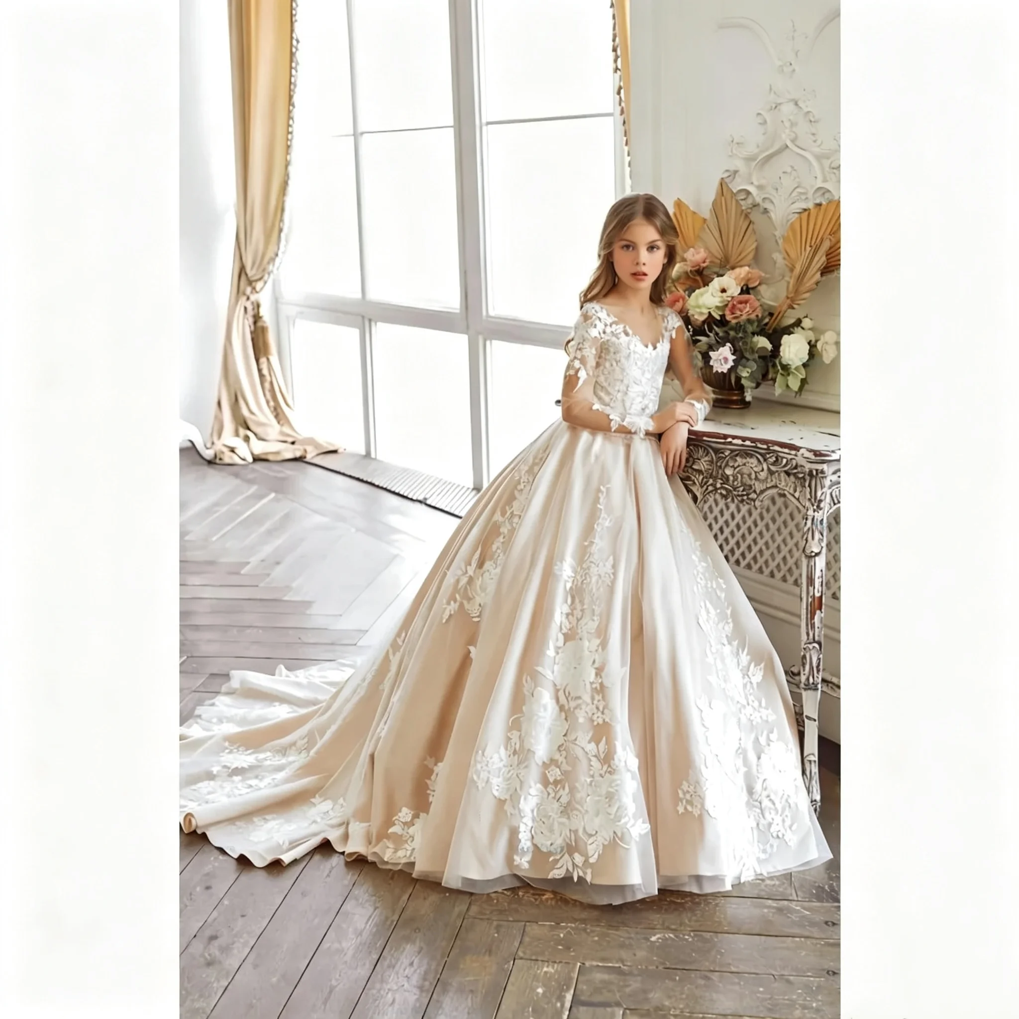 Drois Custom Prom Dress First Communion/Baptism Dress with Lace Appliqué, Flower Girl Dress with Train