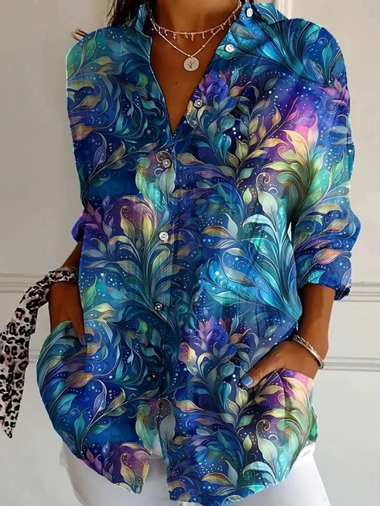 Modisches Damen-Hemd mit 3D-Blumendruck, lockere Passform, bequemes, atmungsaktives Hemd mit Kragen, lässiges Outdoor-Streetwear-Hemdoberteil