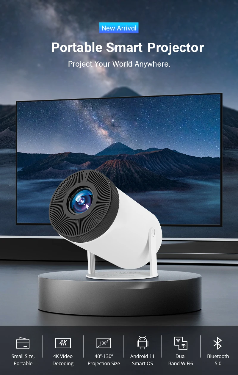 Portable 4K Home Cinema Projector HY300 Android OS 300 ANSI Lumens Dual-Band WiFi 6 Bluetooth 5.0  1080P Phone Screen Mirroring