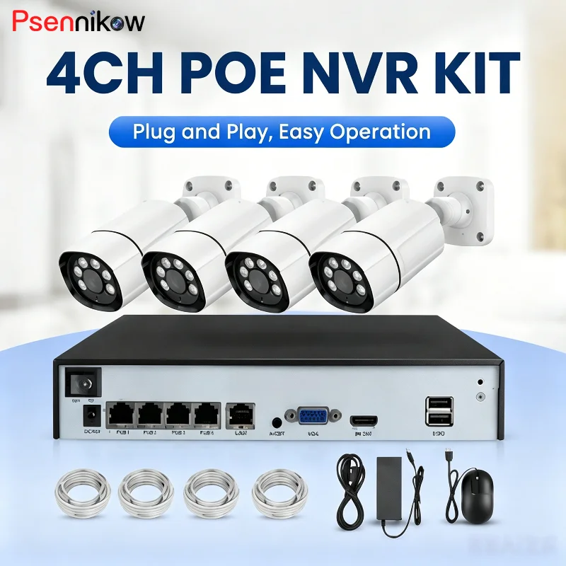 Psennikow 4CH POE NVR 4pc IP Cameras Kit 5MP 8MP 4K Outdoor Security Color Night Vision Motion Detect CCTV System Full Set