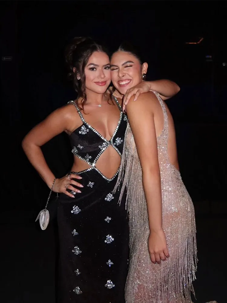 Mulheres preto recorte brilhante deslizamento vestido sexy com decote em v sem mangas sem costas magro ajuste vestidos senhora 2025 novos vestidos de verão de rua alta