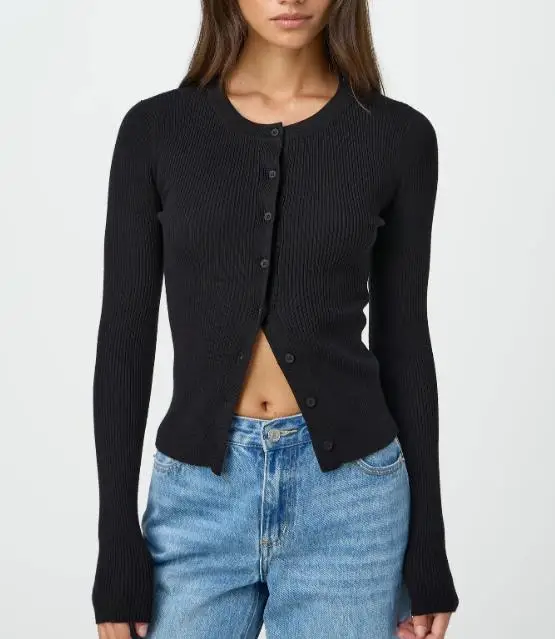 

Top Women 2026 Spring Autumn New Solid Color Slim Fit Long Sleeved Casual Round Neck Single-Breasted Knitted Shirt Top