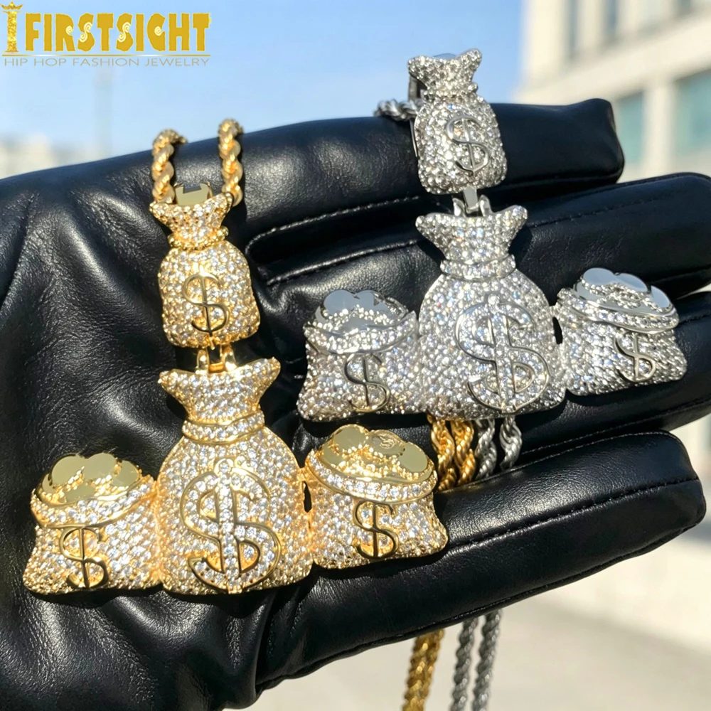 New Iced Out Bling Money Bag Pendant Necklace 5A Zircon Lettrts Rich dollar symbol Charm Men's Women Hip Hop Jewelry