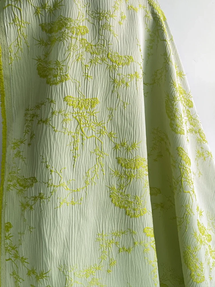 Jacquard Fabric Tender Green Embroidery Pleated Dress Pants Lothing for Sewing Material Cloth Apparel Per Meter