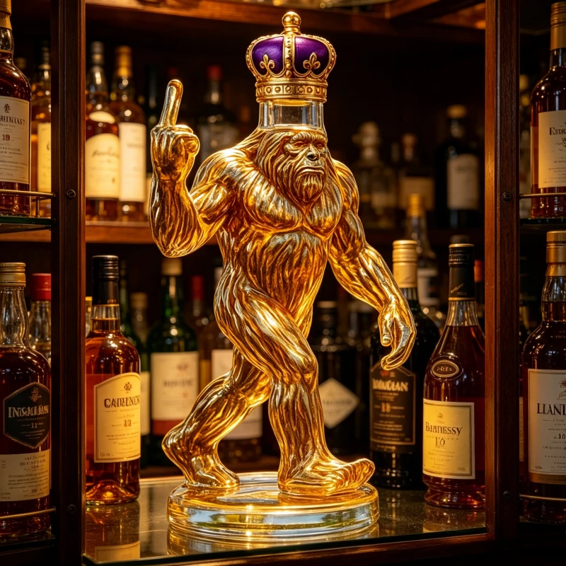 Golden Bigfoot King Whiskey Decanter with Crown, Sasquatch Shaped Liquor Bottle for Bar Decor