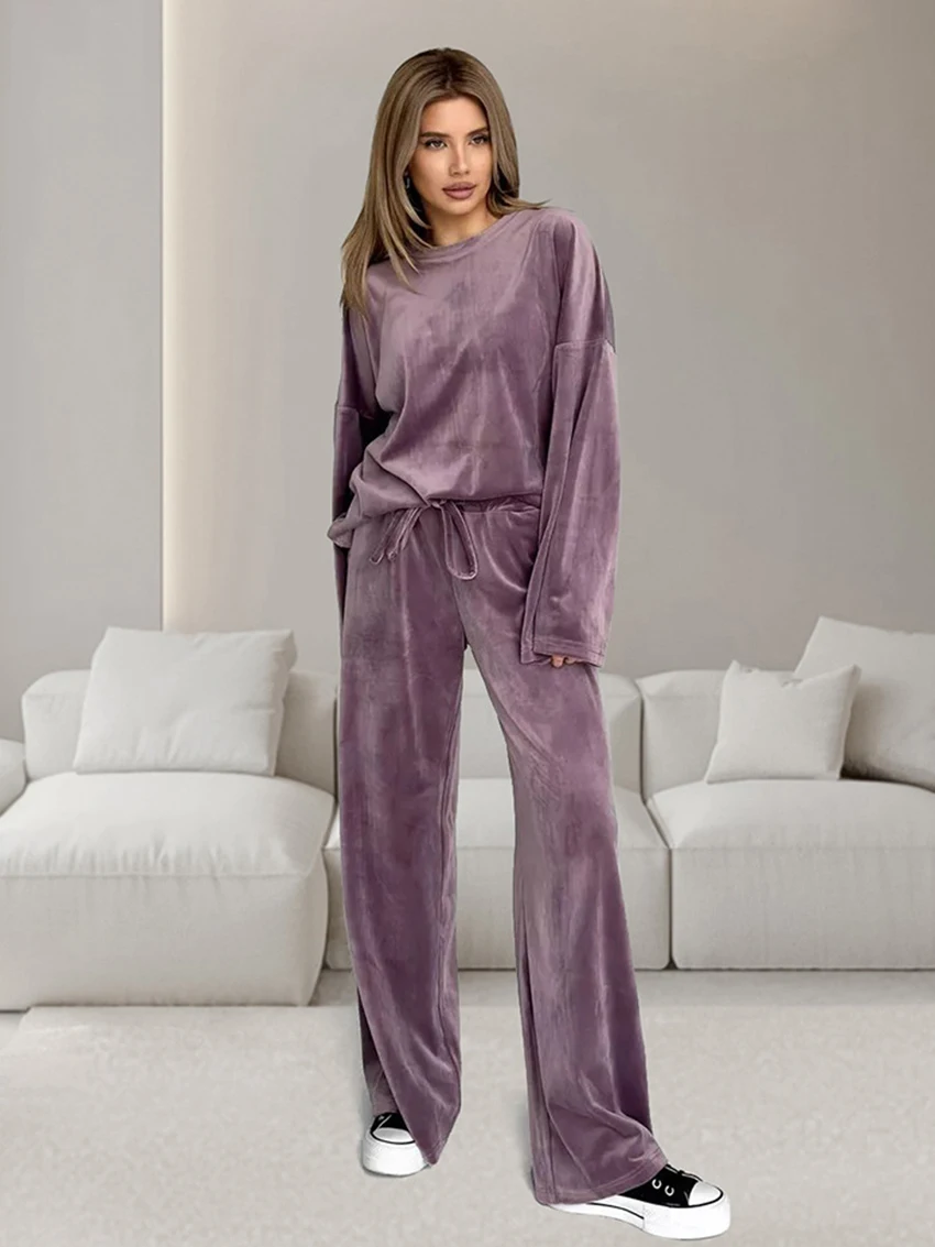 Marthaqiqi New Loose Ladies Nightwear Set Long Sleeve Nightgown O-Neck Pajamas Pants Casual Velvet Winter Sleepwear 2 Piece Suit
