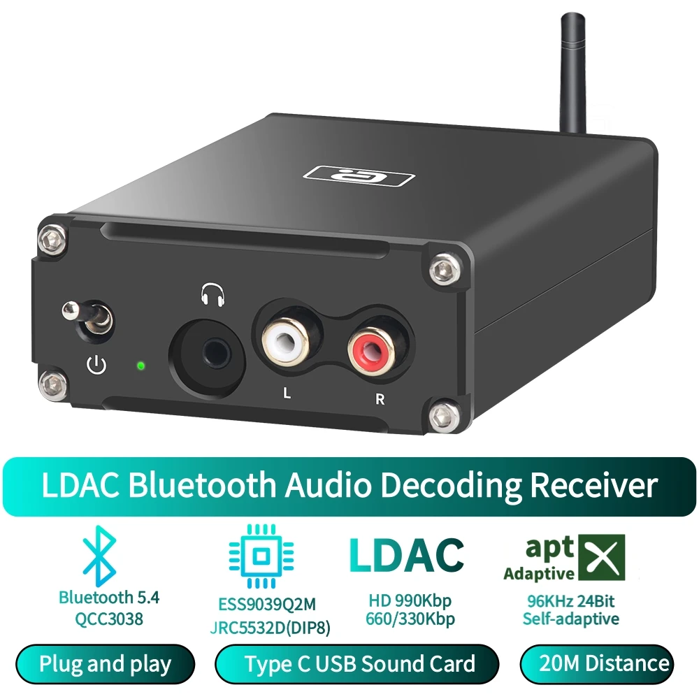 AYINO DA585 Bluetooth 5.4  DAC Receiver with QCC3084  Wirelses Decoder  ESS9039Q2M Type-C Sound Card LDAC aptX HD AUX RCA Output