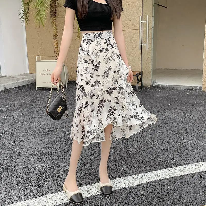 Gonna in chiffon da donna Midi con volant floreale Gonne femminili Estate 2025 Nuovo in una linea economica V Alta qualità Chic ed elegante Modesto