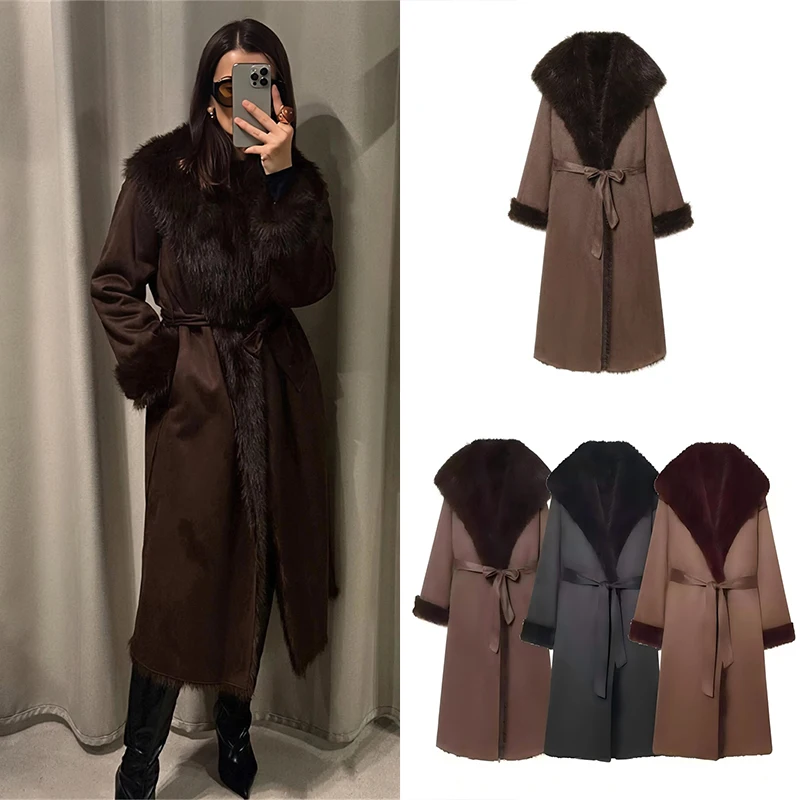 Guobioziy Women's Slim-Fit Faux Fur Belt Coat 2026 Autumn/Winter New Arrival Euro-American Casual Fashion Trend Vintage Classic