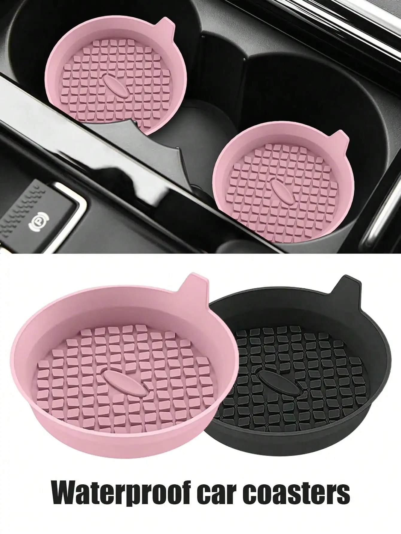 

Practical silicone car cup holder coaster features anti-slip recessed design. Universal size fits most vehicle cup slots, shields interior from stains and scratches, functional decorative car accessory.