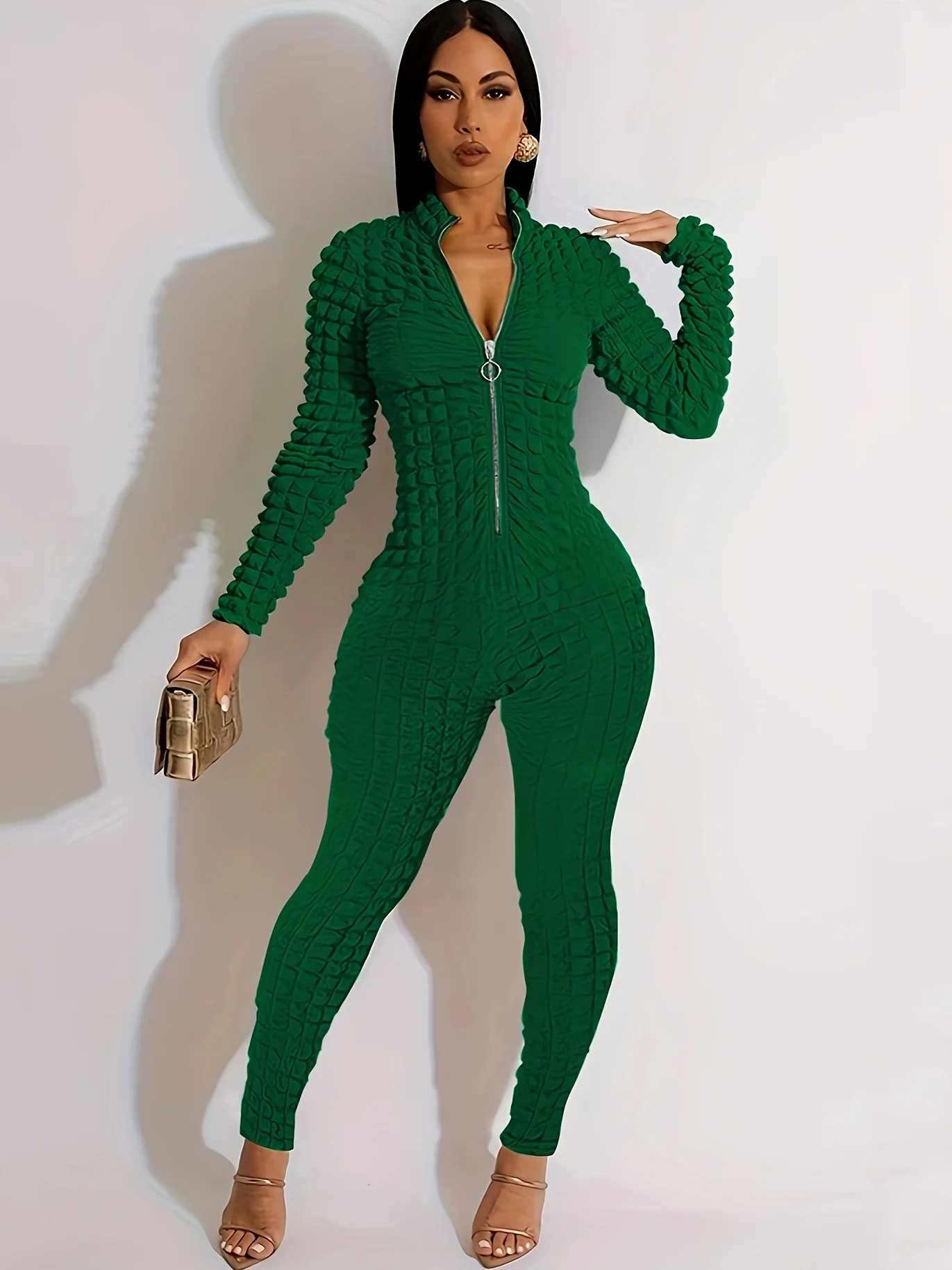 Women's Jumpsuit Solid Color Multicolor Wave Pattern Jumpsuit Long Sleeve Casual Zipper Jumpsuit Long Pants Overalls for Women