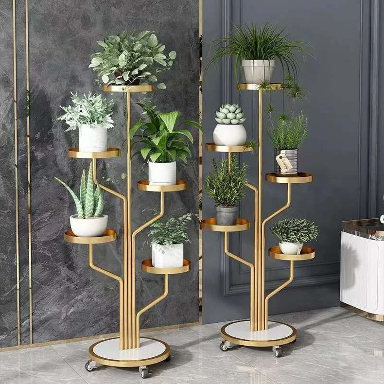 Luxury Iron Flower Stand with Wheels Mobile Plant Rack for Living Room Balcony Garden Indoor Outdoor