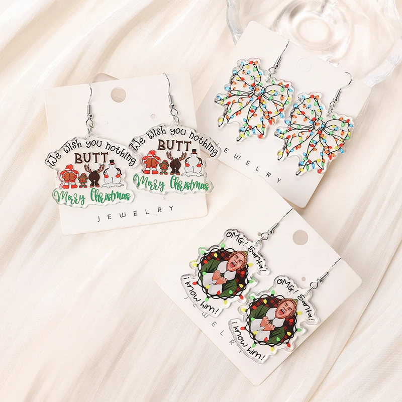 1Pair Christmas Drop Earring Acrylic OMG Santa Bow For Woman Girl Holiday Birthday Gift