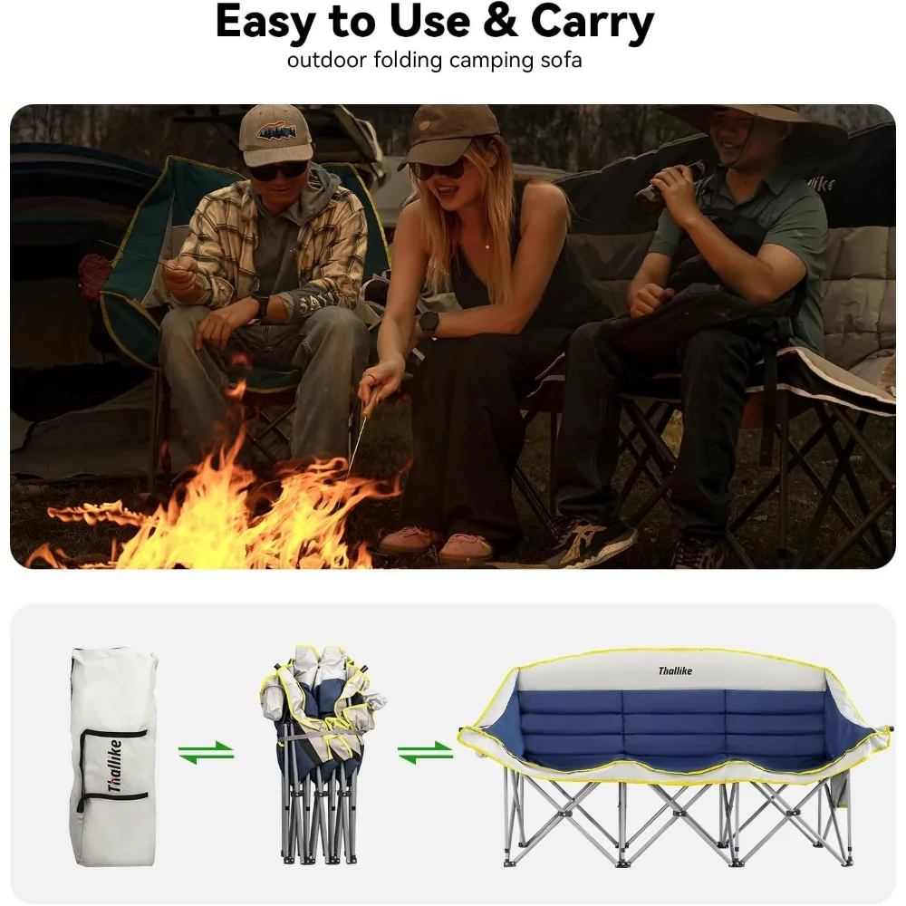 كرسي تخييم مزدوج - أريكة قابلة للطي للاستخدام الخارجي تتسع لـ 2-3 أشخاص مع حاملات أكواب وكأس للنبيذ - أريكة تخييم كبيرة الحجم بمقعدين للتخييم