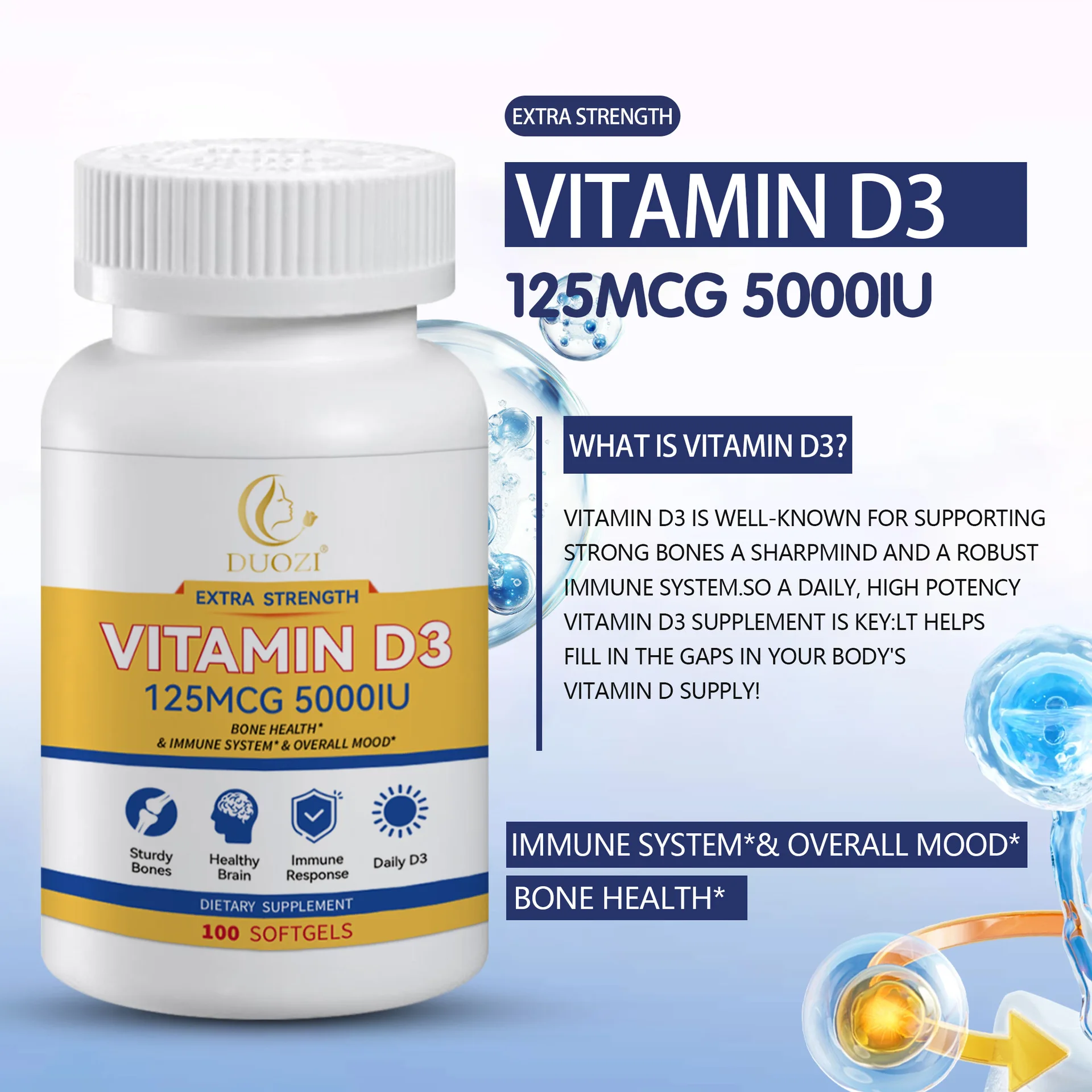 

Мягкие капсулы VITAmin D3 125MCG 5000IU, поддерживающие здоровье костей и улучшают иммунитет, здоровое питание