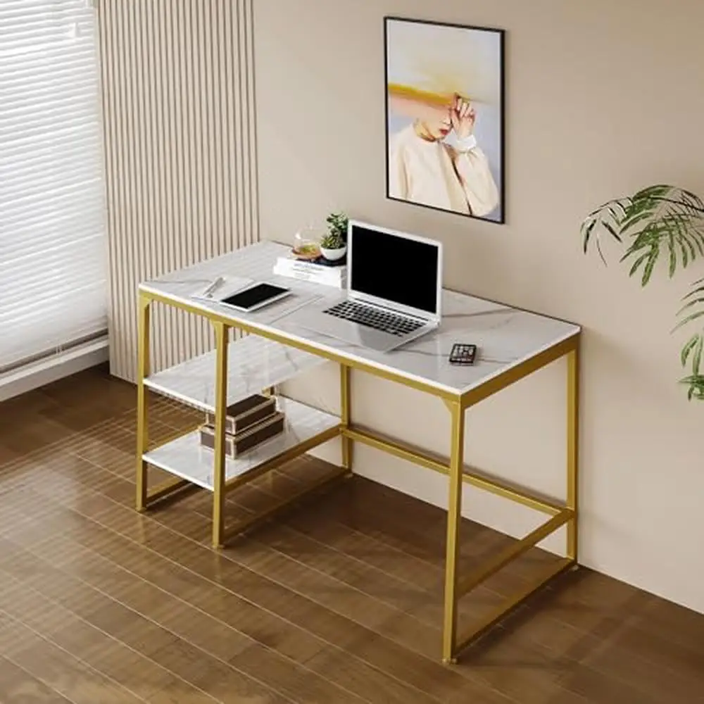 Golden Metal Modern Office Desk with Storage Rack Large Computer Laptop Gaming Study Table Executive Home Furniture Stand Shelf